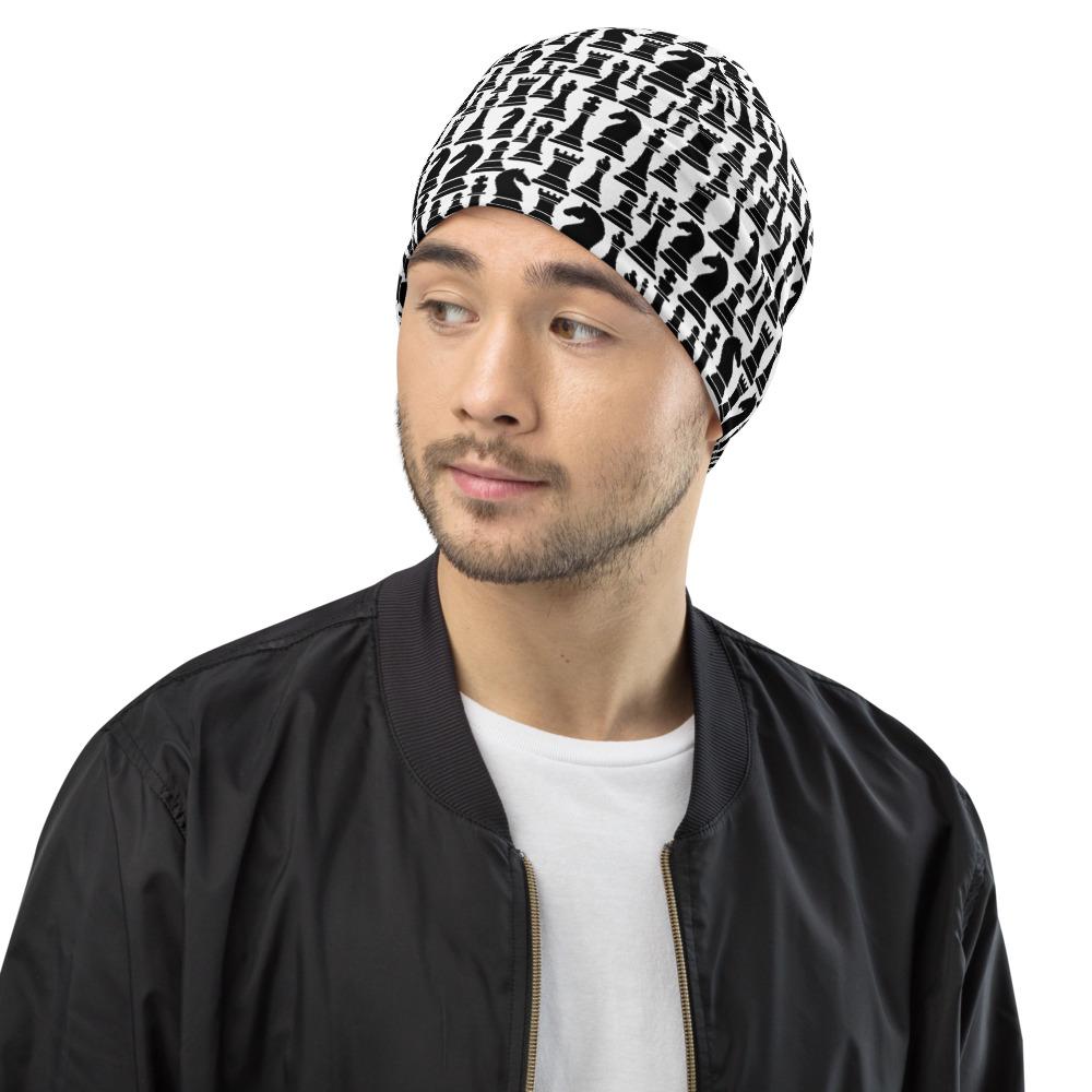 Beanie Hat - Black/white Chess Graphic - Men/women