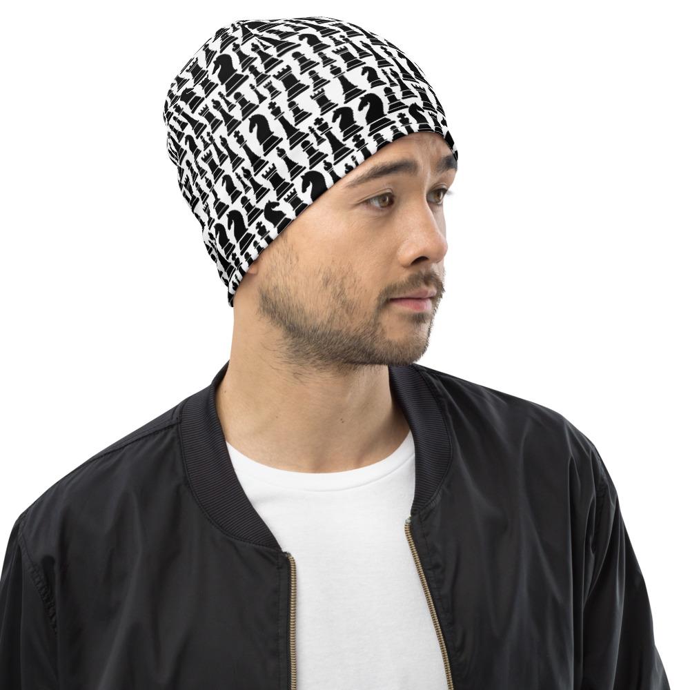 Beanie Hat - Black/white Chess Graphic - Men/women