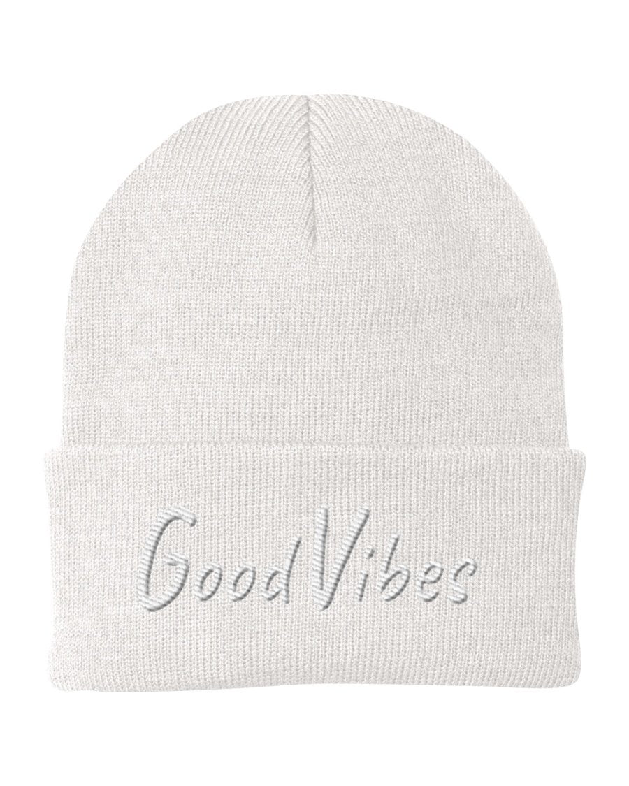 Beanie Knit Cap - Good Vibes Embroidered Hat / White Text