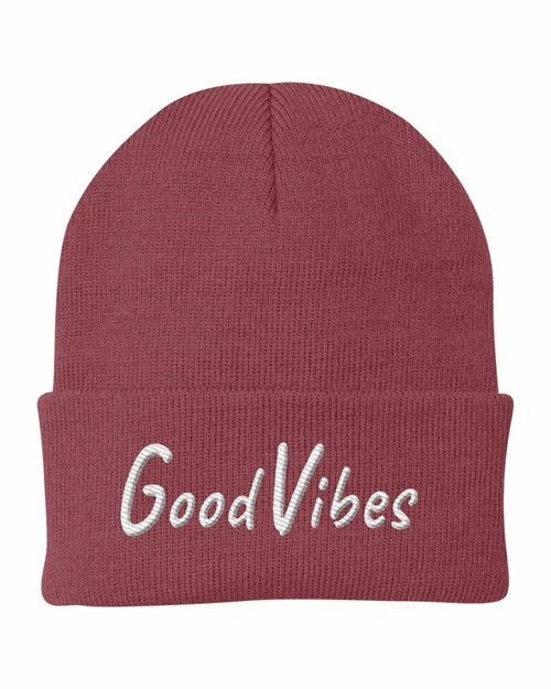 Beanie Knit Cap - Good Vibes Embroidered Hat / White Text