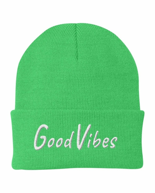 Beanie Knit Cap - Good Vibes Embroidered Hat / White Text